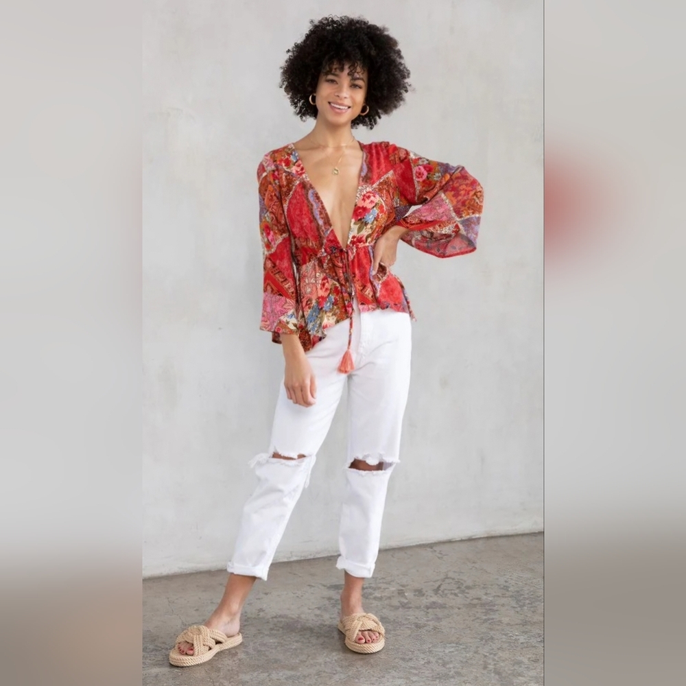 Lovestitch Retro Floral Tie Front Kimono Top - Picture 4 of 6